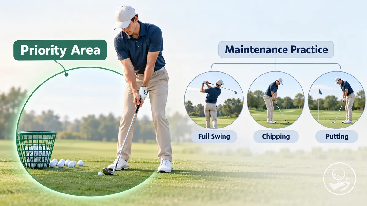 Golfanf&auml;nger bringt zus&auml;tzliches &Uuml;ben einer schwachen Fertigkeit mit der Pflege der Kernfertigkeiten im Golf in Einklang.