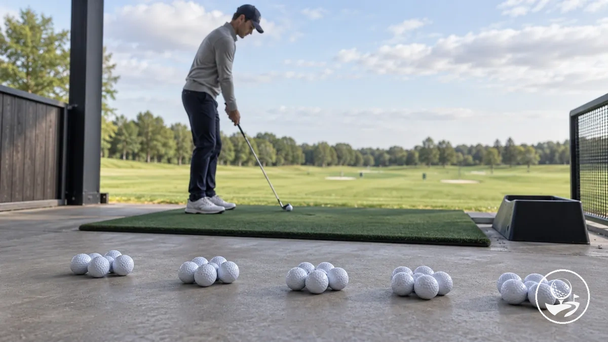 Range-Bälle, die in zielgerichtete Übungsblöcke aufgeteilt sind, während ein Anfänger-Golfer sich zwischen den Schlägen vorbereitet