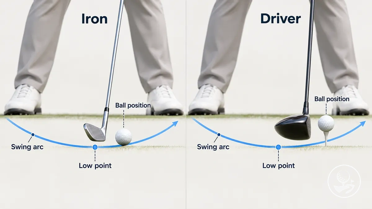 Diagramm zur Ballposition relativ zum Tiefpunkt des Schwungs bei verschiedenen Schlägern