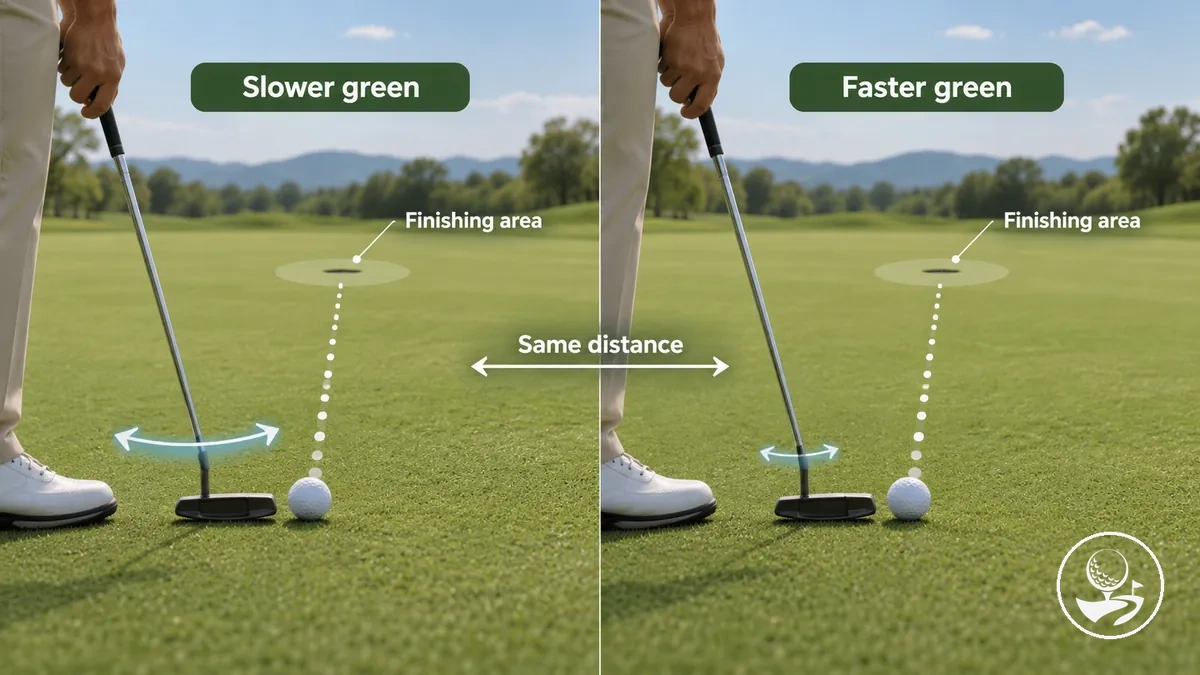 Vergleich gleich langer Putts, die wegen Grüngeschwindigkeit oder Neigung unterschiedliches Balltempo erfordern