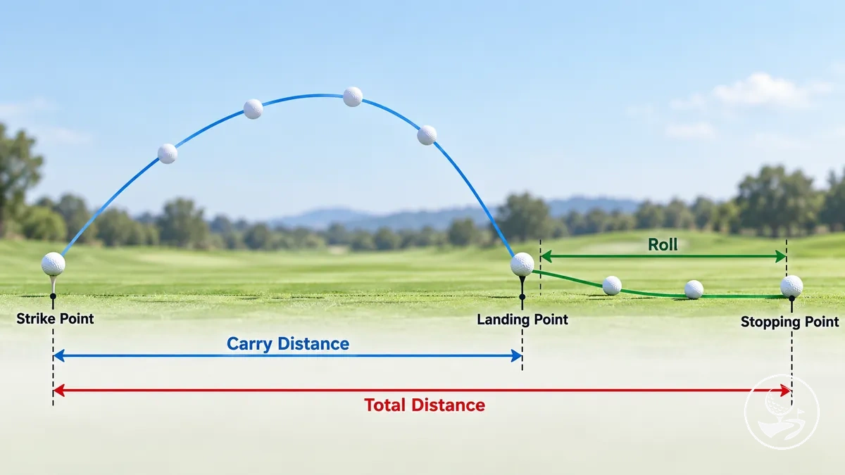 Golfballflug mit Carry-Distanz bis zum Landepunkt und Gesamtdistanz bis zum endgültigen Stillstandspunkt
