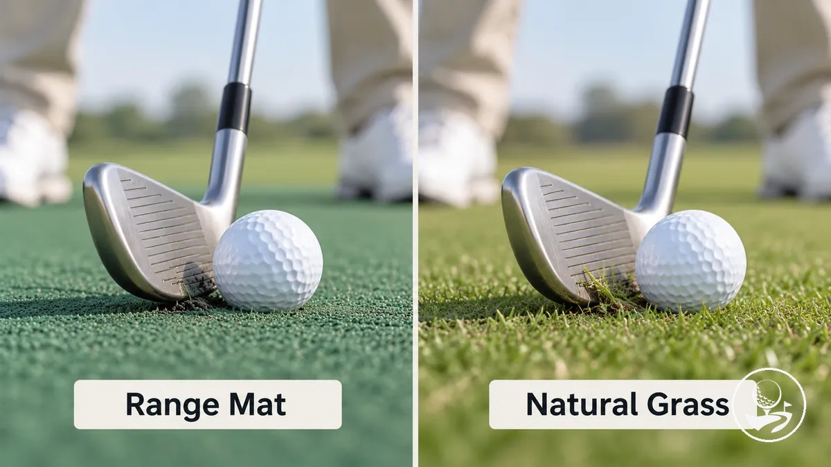 Golfballkontakt auf einer Driving-Range-Matte im Vergleich zu natürlichem Gras