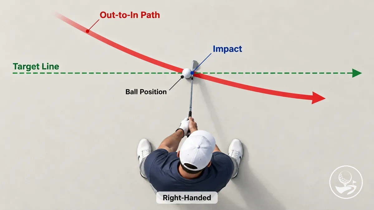 Rechtshänder mit Out-to-In-Schwungpfad, der im Treffmoment die Ziellinie kreuzt
