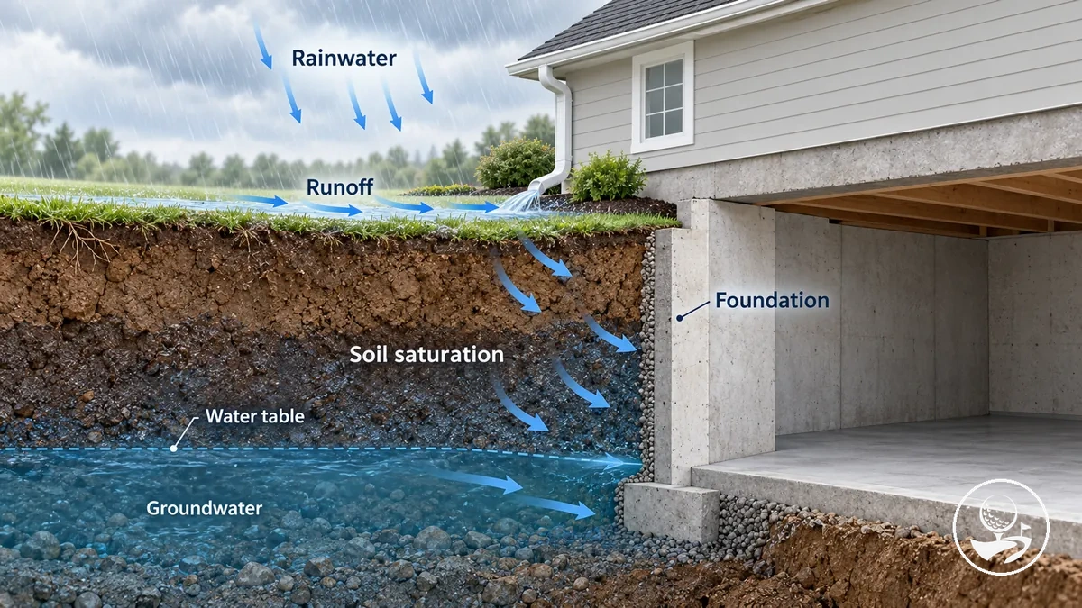 Diagramm, das Regenwasser, Bodensättigung und Grundwasser zeigt, die sich um ein Kellerfundament stauen