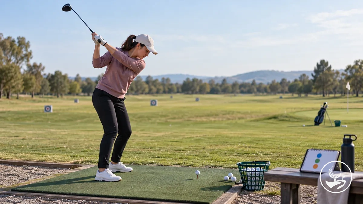 Golfanf&auml;nger absolviert einen geplanten &Uuml;bungsblock f&uuml;r den vollen Schwung auf der Driving Range.