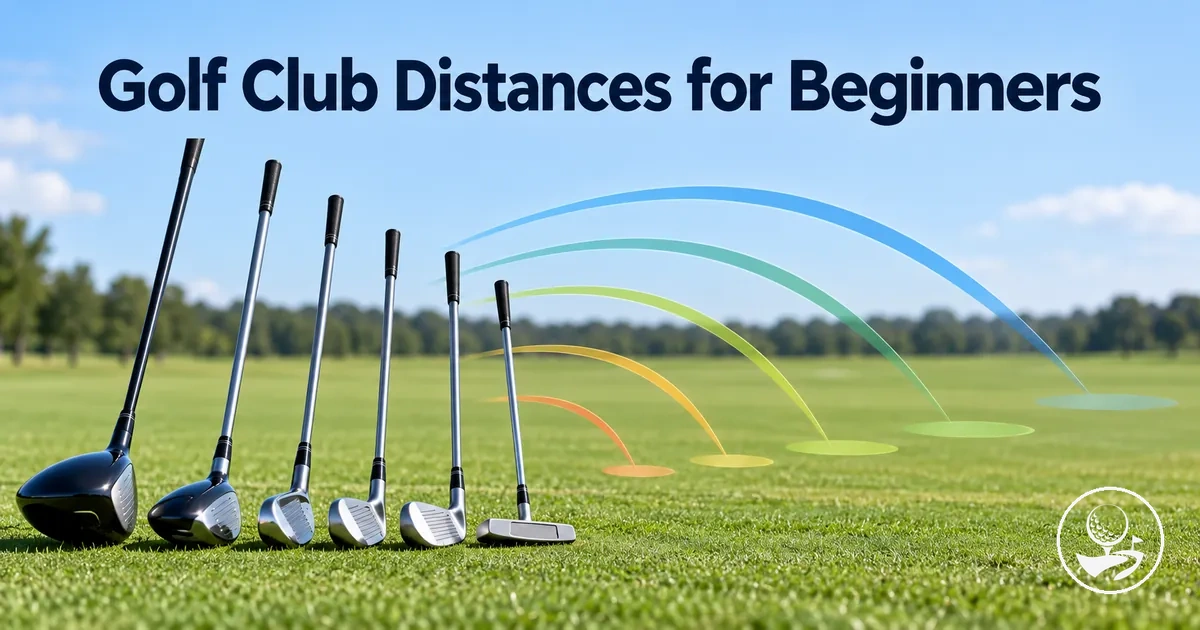 Golf clubs arranged to illustrate typical beginner shot distances