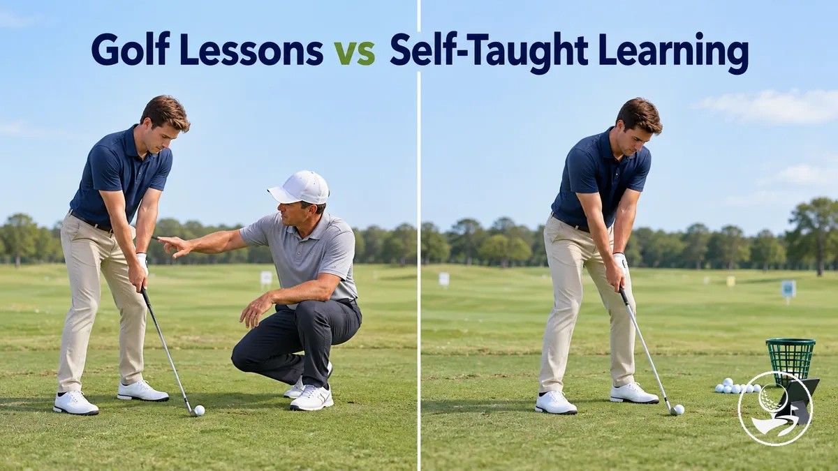 Beginner golfer comparing coached lessons with self-directed practice