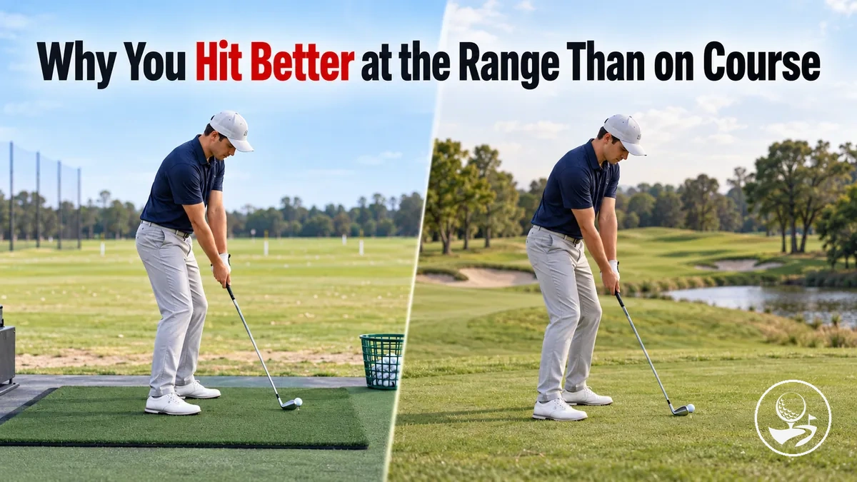 Beginner golfer comparing driving-range and on-course performance