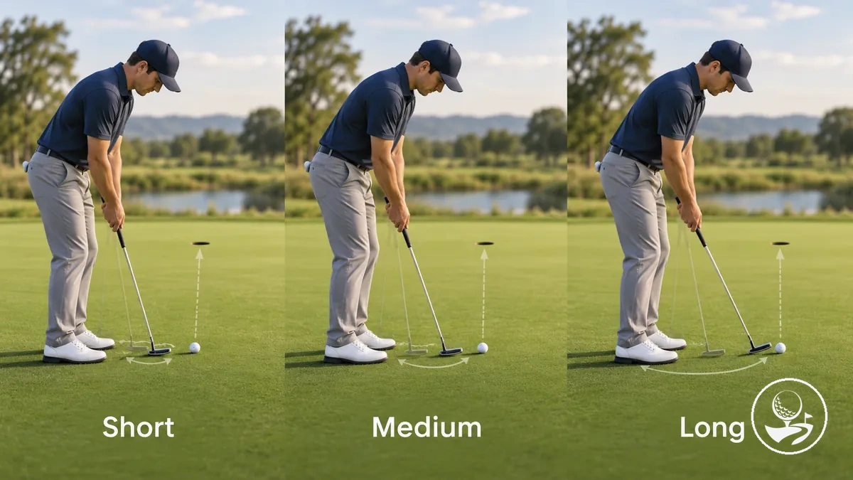 Step-by-step putting visual showing progressively larger controlled strokes for longer putts