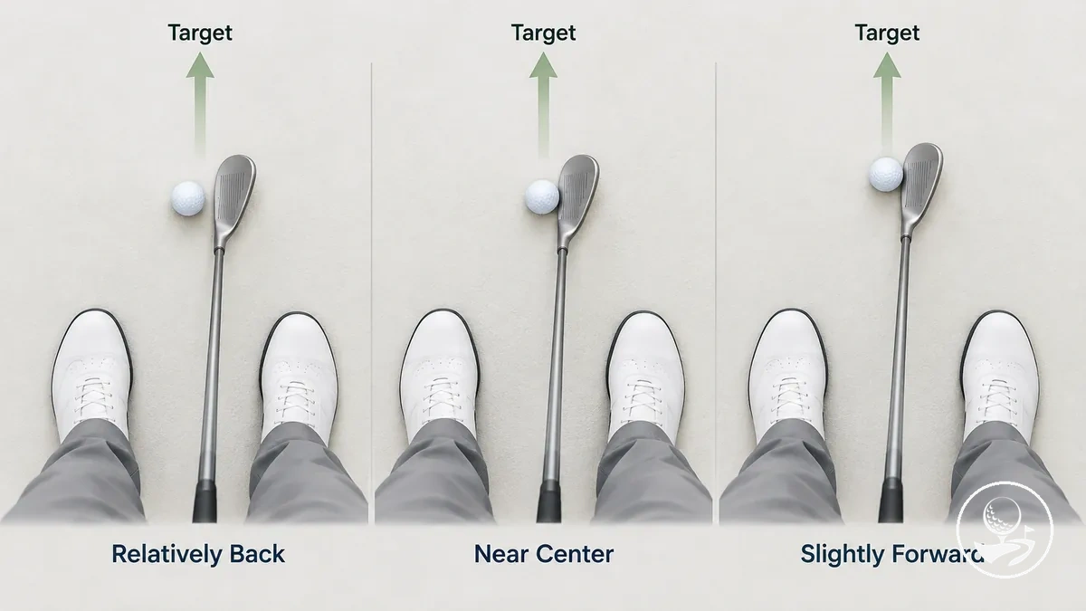 Diagram comparing back, centre and slightly forward ball positions for a basic chip shot.