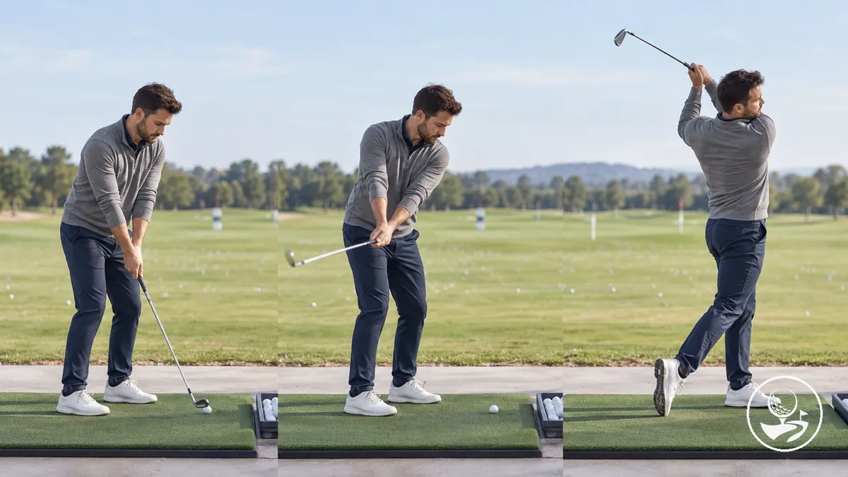 Beginner golfer progressing from partial swings to fuller swings during a driving range warm-up