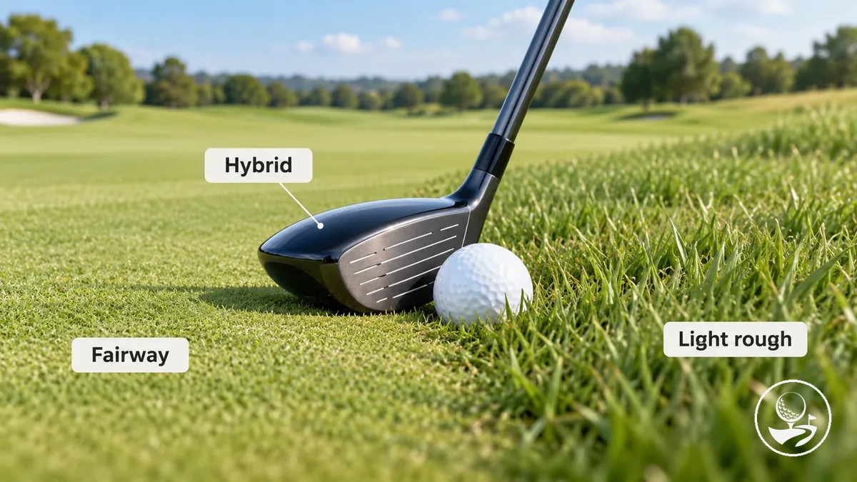 Hybrid golf club positioned for a longer shot from a fairway or light-rough lie.
