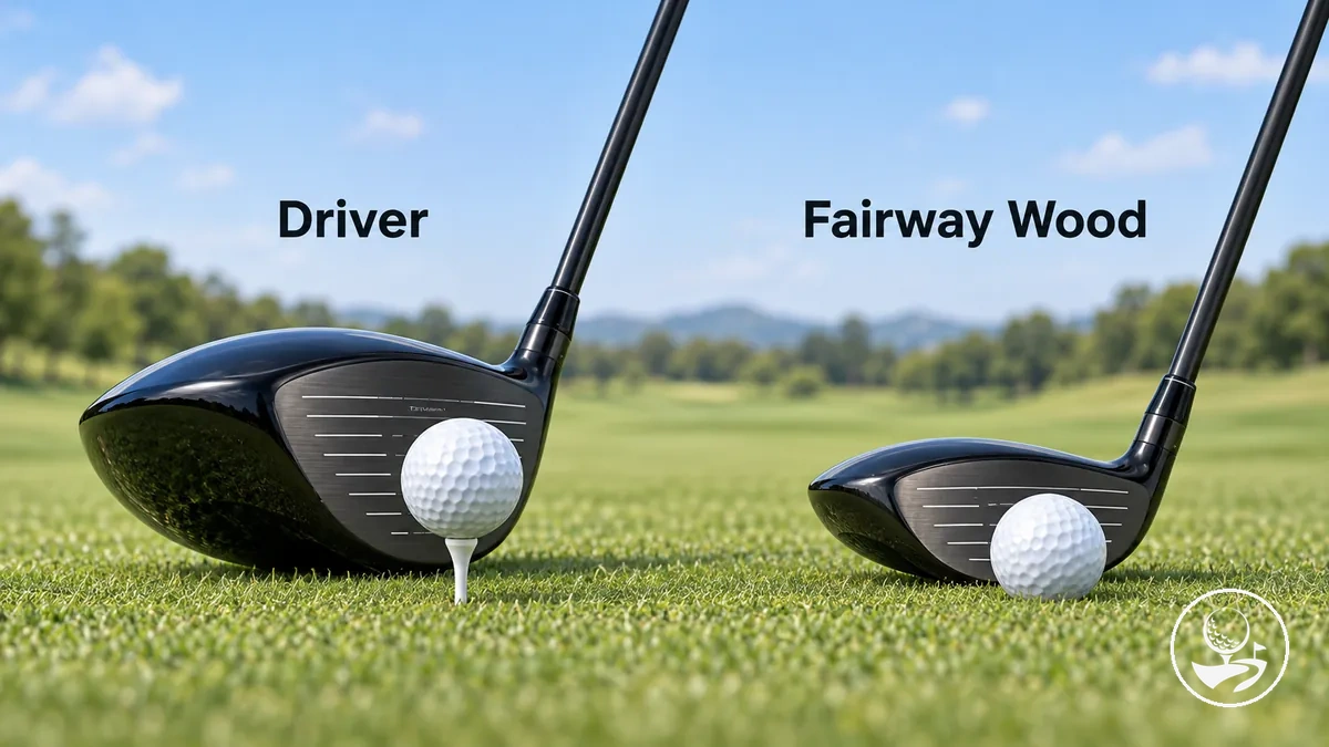 Driver and fairway wood compared as two types of golf woods for long shots.