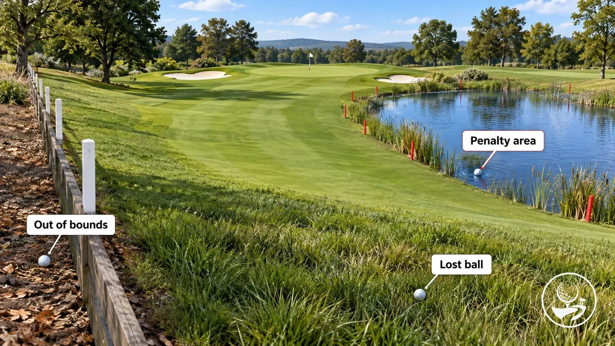 Common on-course penalty situations showing out of bounds and a penalty area