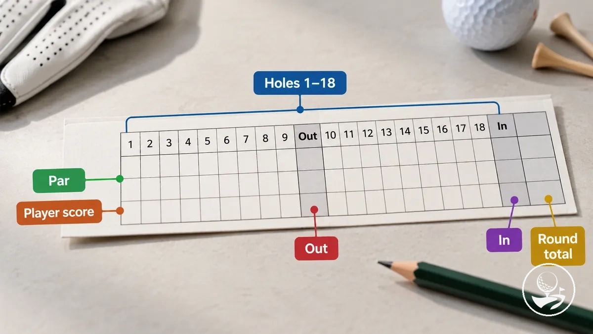 Golf scorecard with hole, par, player score and round total fields labelled