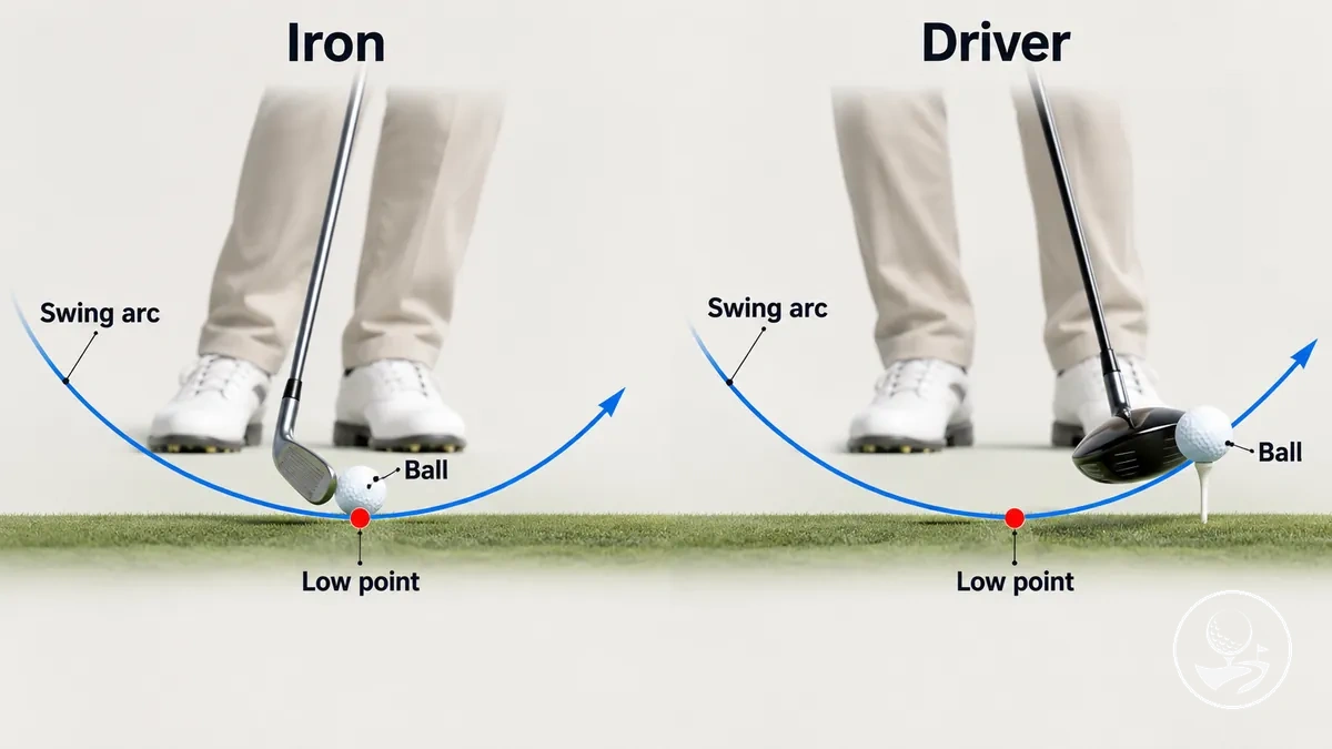 Diagram of golf swing low point relative to the ball for iron and driver shots