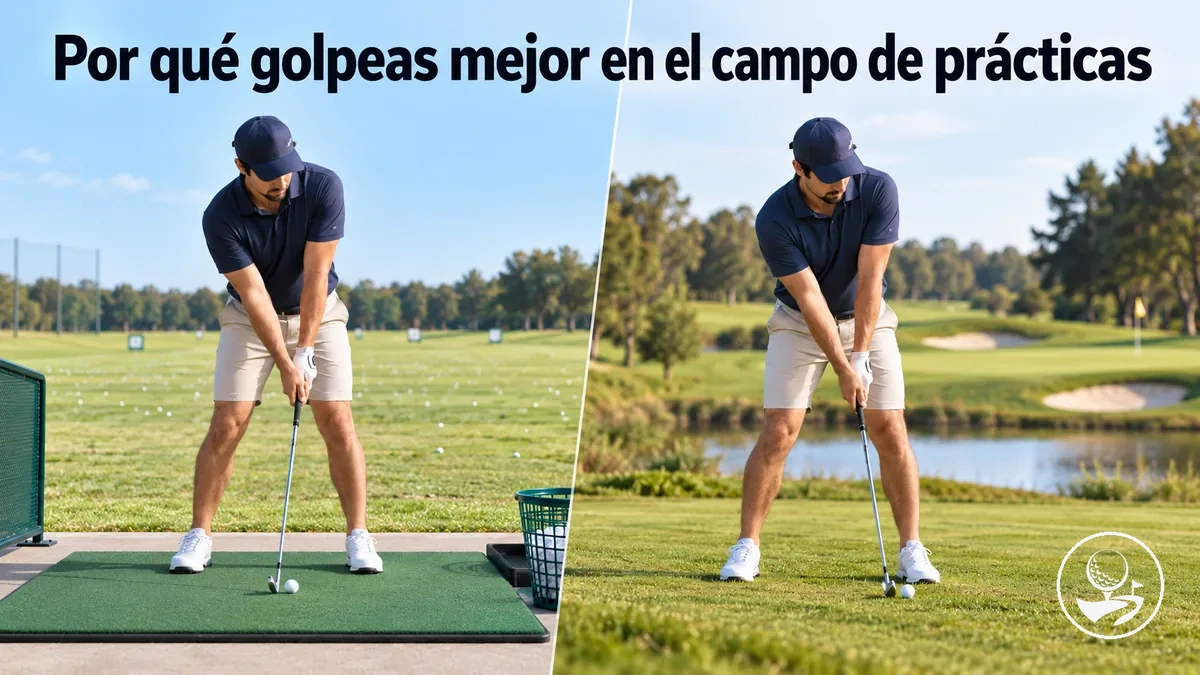 Golfista principiante comparando su rendimiento en el campo de prácticas y en el campo de golf