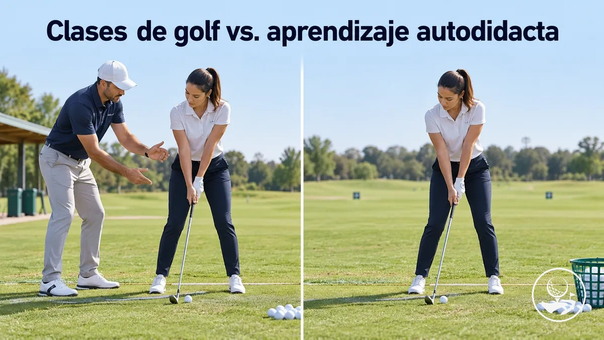 Golfista principiante comparando clases con práctica autodidacta