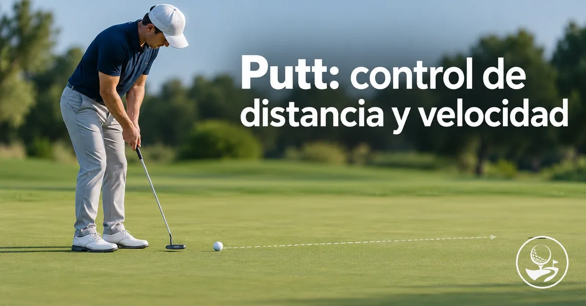 Golfista principiante practicando la velocidad y el control de distancia en el putt