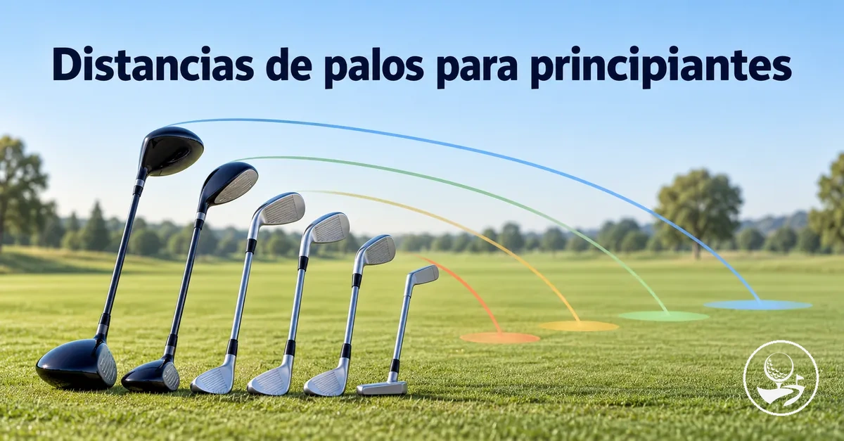 Palos de golf colocados para mostrar distancias habituales de golpes de principiantes