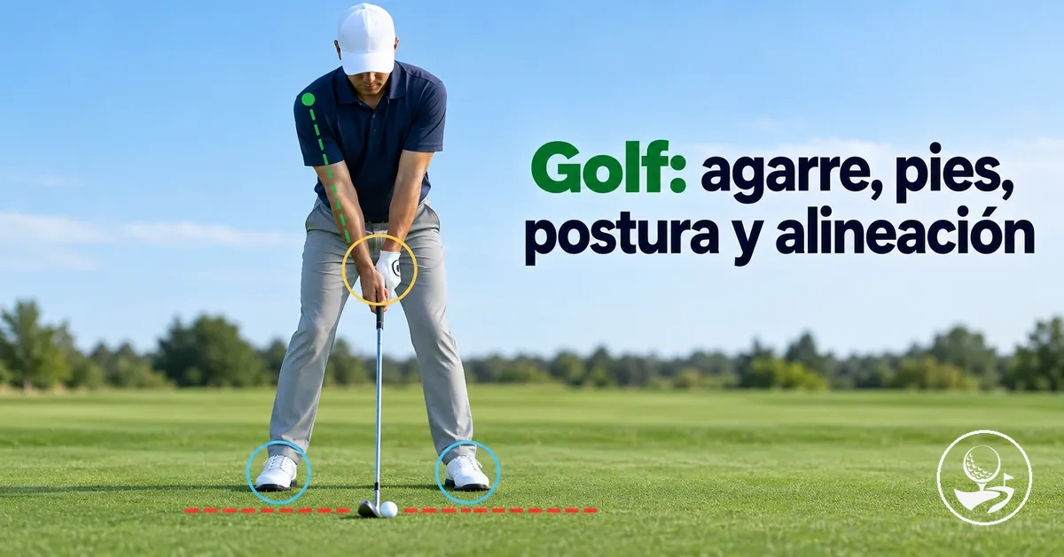 Golfista principiante mostrando el agarre, la posición de los pies, la postura y la alineación
