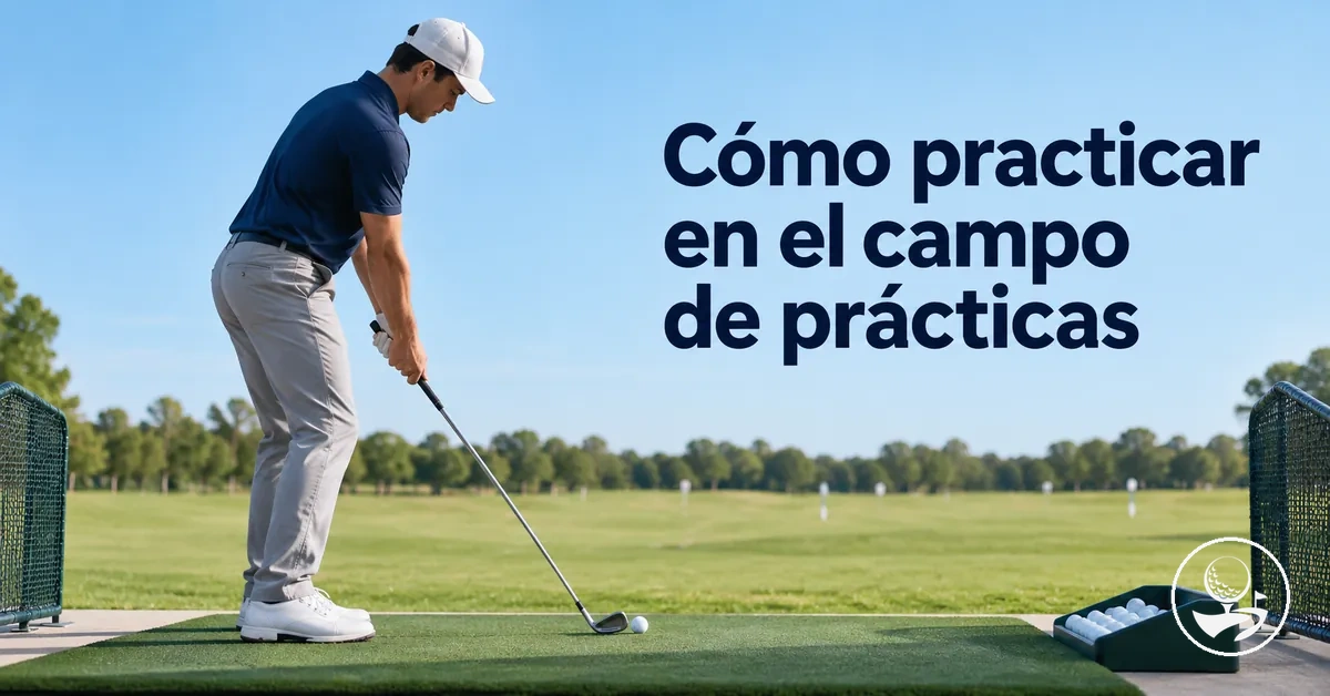 Golfista principiante practicando golpes en un campo de prácticas