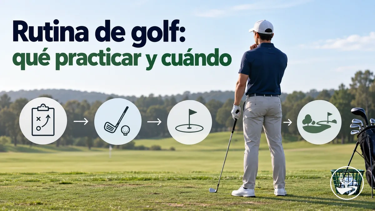 Golfista principiante siguiendo una rutina estructurada de práctica de golf