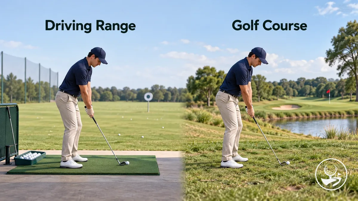 Condiciones del campo de prácticas y del campo de golf comparadas para un golfista principiante