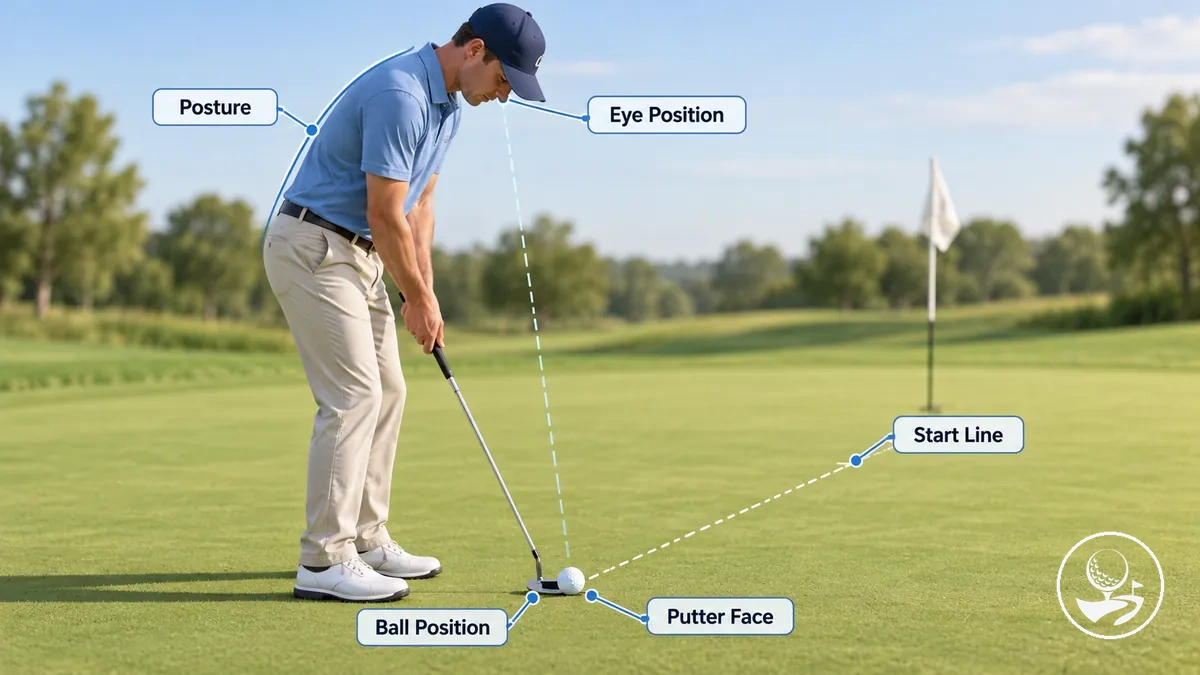 Colocación de putt para principiantes que muestra postura, posición de la bola, posición de los ojos y alineación de la cara del putter.