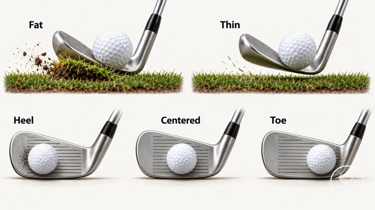 Ejemplos anotados de patrones de contacto en golf: pesado, fino, talón, punta y centrado.