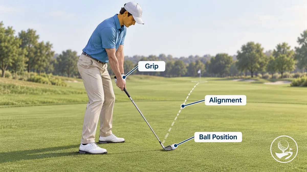 Golfista principiante en la dirección mostrando la zona del agarre, la alineación con la línea de objetivo y la posición de la bola