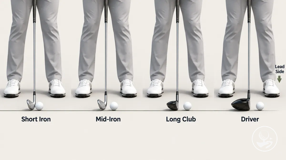Progresión de la posición de la bola en golf desde palos cortos hasta el driver dentro de la postura