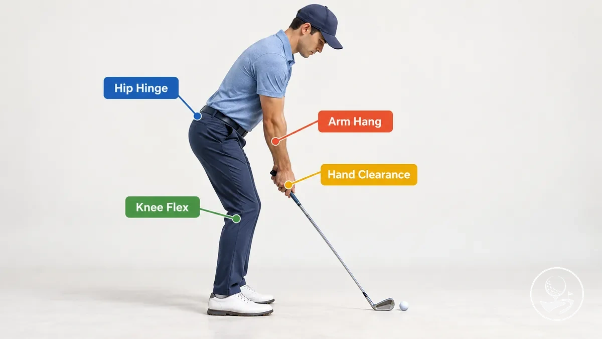 Vista lateral de la postura de golf para principiantes que muestra la flexión de cadera, la caída del brazo y la distancia a la bola