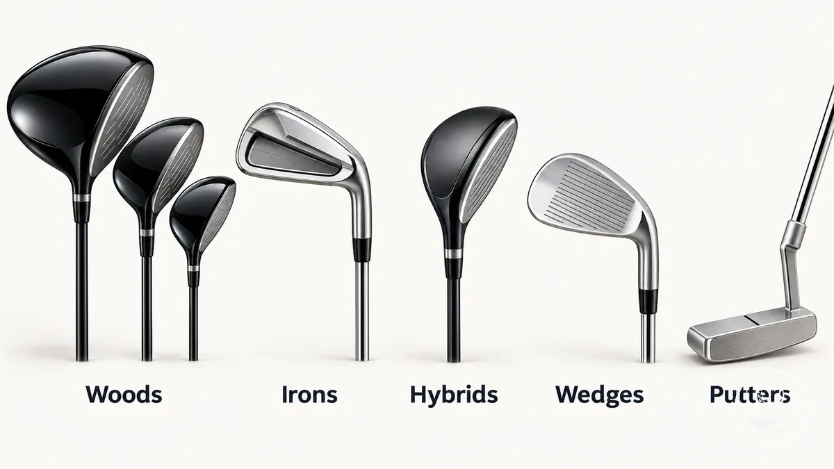 Tipos principales de palos de golf agrupados como maderas, hierros, híbridos, wedges y putters.