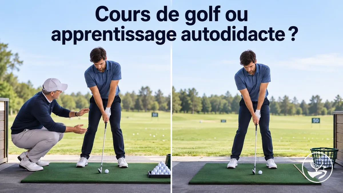Golfeur débutant comparant des cours encadrés à un entraînement en autonomie