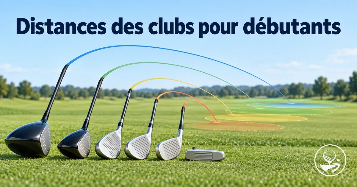Clubs de golf disposés pour illustrer les distances typiques des coups d'un débutant