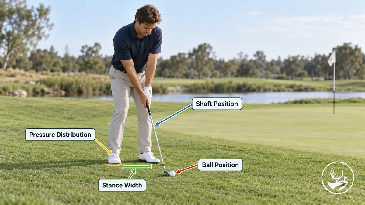Golfeur débutant en configuration pour un chip de base, avec position de balle, écartement des pieds et orientation du manche visibles.