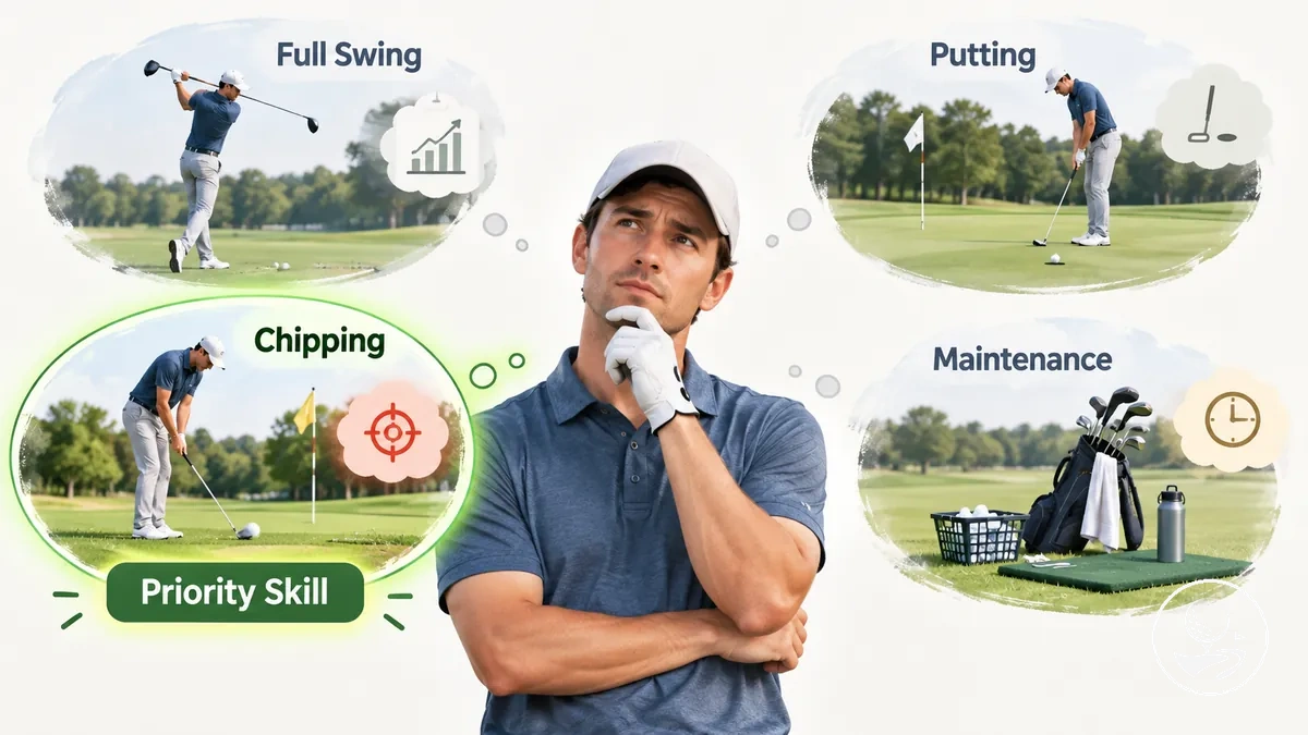 Golfeur débutant choisissant une compétence prioritaire pour une séance d’entraînement au golf tout en maintenant les compétences fondamentales.