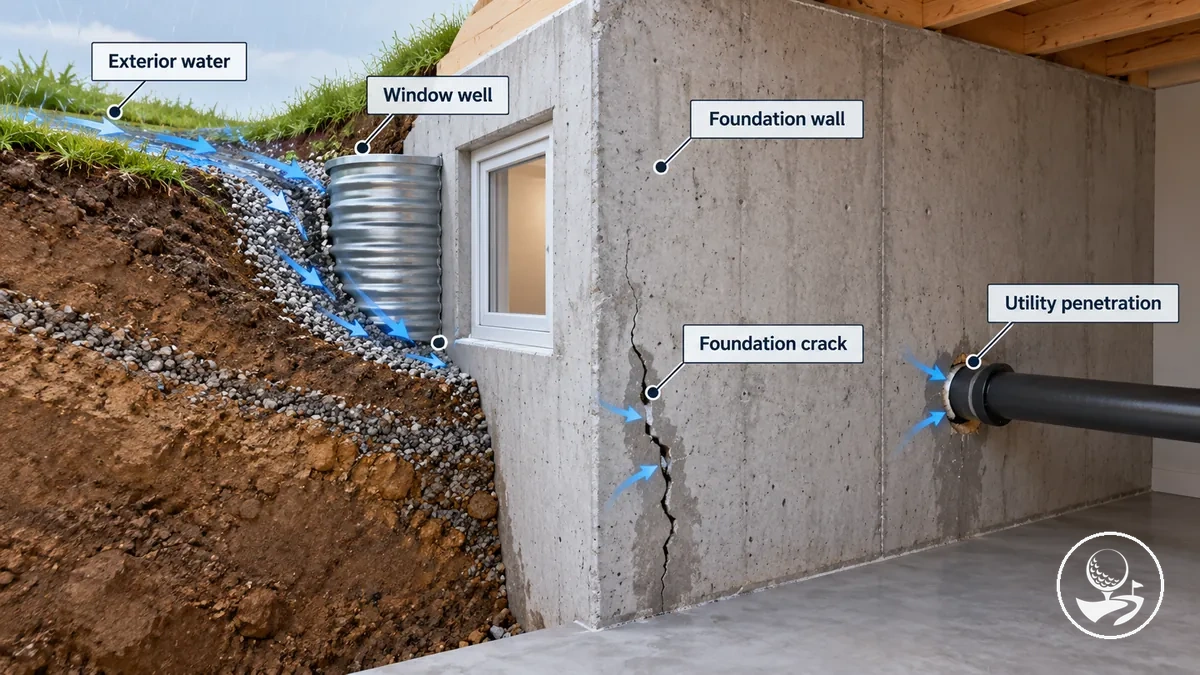 Exemple annoté d'une fondation de sous-sol montrant une fissure, un puits de fenêtre et une pénétration de réseau comme points d'entrée d'eau possibles