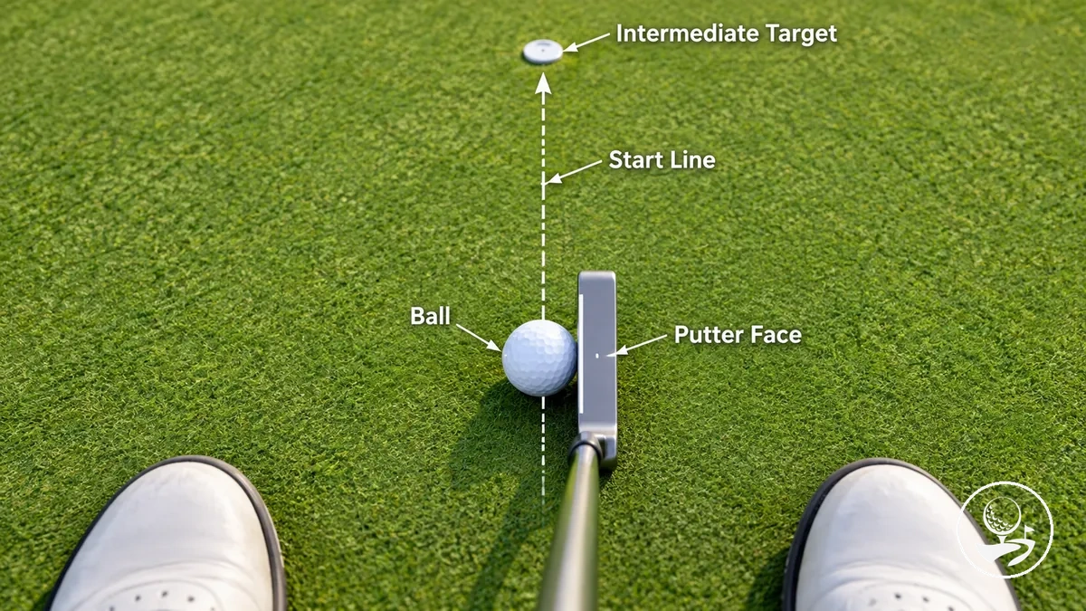 Face du putter alignée sur une ligne de départ visée, avec une cible proche comme référence.