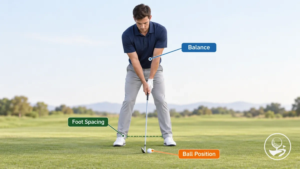 Position des pieds, placement de la balle et équilibre d’un golfeur à l’adresse