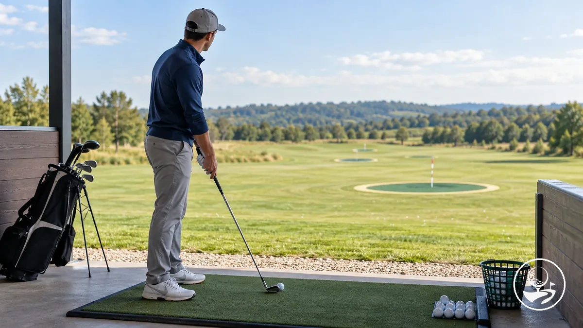 Golfeur débutant préparant des clubs et des balles de practice pour une séance ciblée