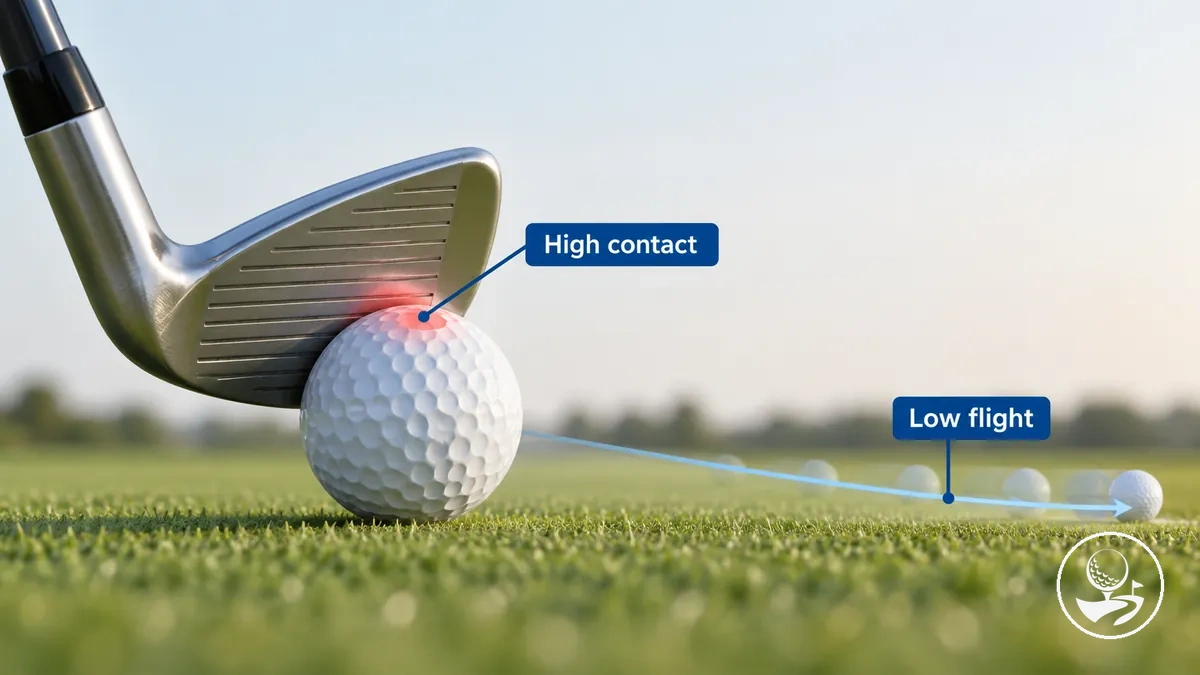 Exemple annoté d'un coup de golf toppé avec contact haut sur la balle et trajectoire basse