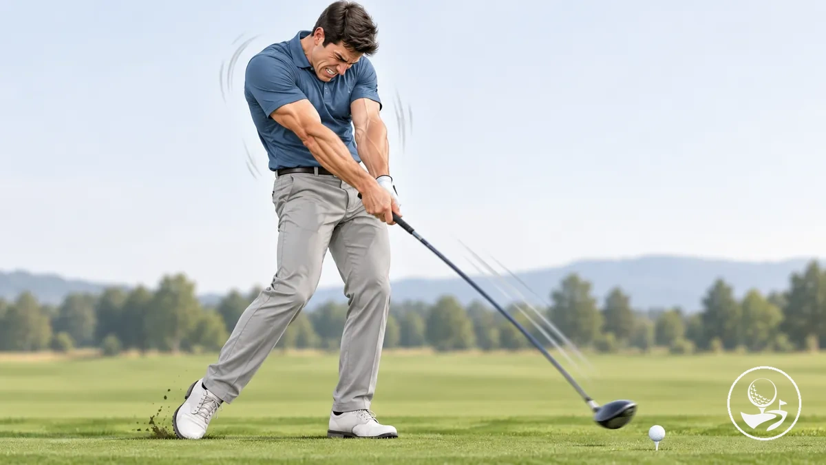 Golfeur débutant montrant un effort excessif et de la tension pendant son swing de golf
