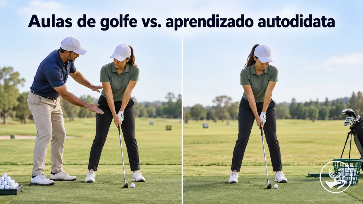 Golfista iniciante comparando aulas com prática por conta própria