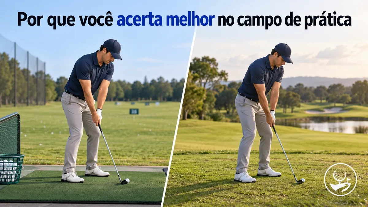 Golfista iniciante comparando seu desempenho no campo de prática e no campo de golfe