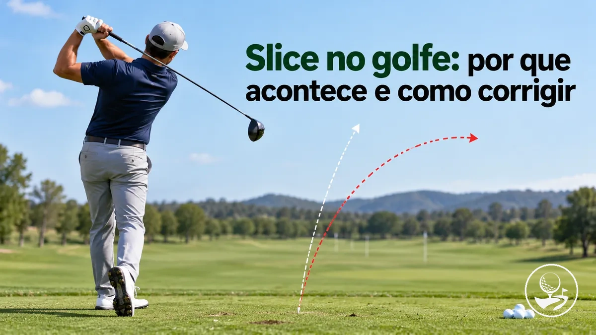 Golfista iniciante corrigindo um slice durante o treino do swing