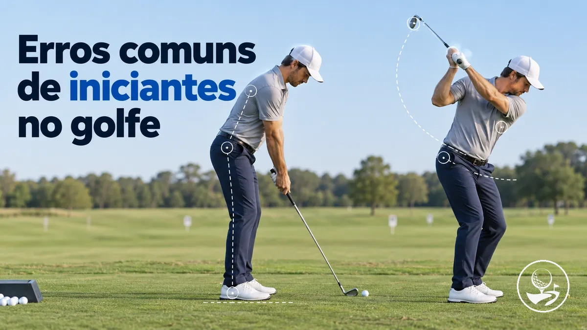 Golfista iniciante revisando erros comuns de posição e swing