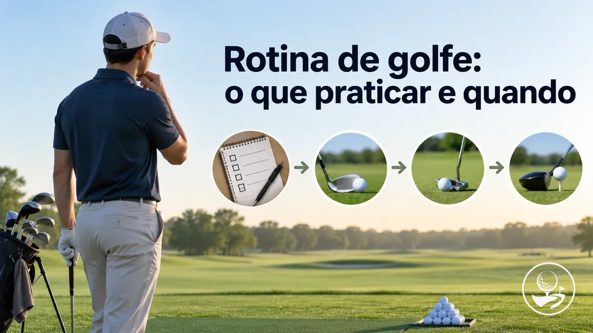 Golfista iniciante seguindo uma rotina estruturada de treino de golfe