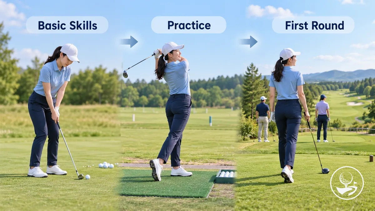 Progressão do iniciante desde o aprendizado de habilidades básicas de golfe e prática até jogar uma primeira rodada em um campo
